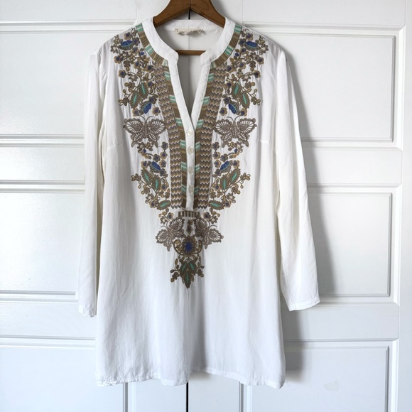 Luna Moon Tops - Luna Moon Floral Embroidered Tunic Top M Ivory Boho Sheer Roll Tab Sleeves Swim